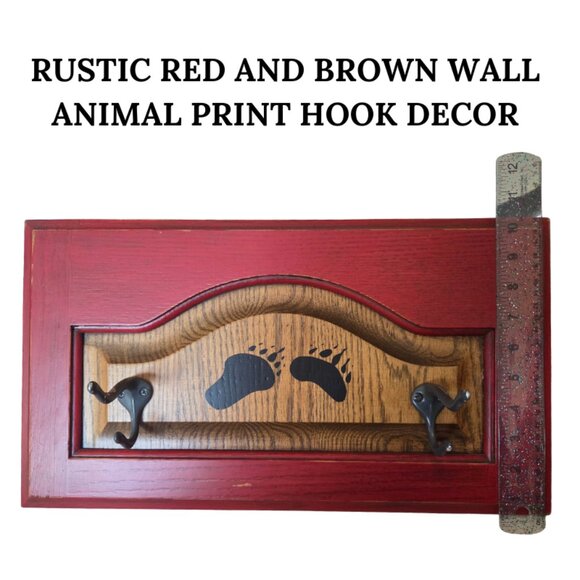 HANDMADE RUSTIC RED W/ BROWN/BLACK WALL ANIMAL PRINT HOOK DECOR WITH HANG HOOK - Picture 1 of 2